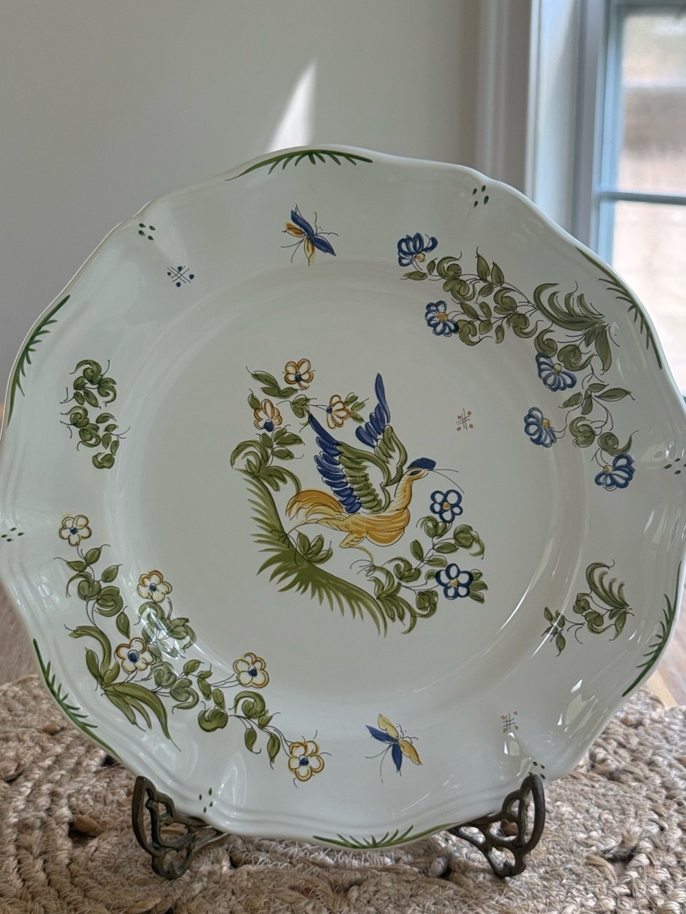 Vintage Moustiers White Ceramic Plate Hand Painted Blue and Green Bird France